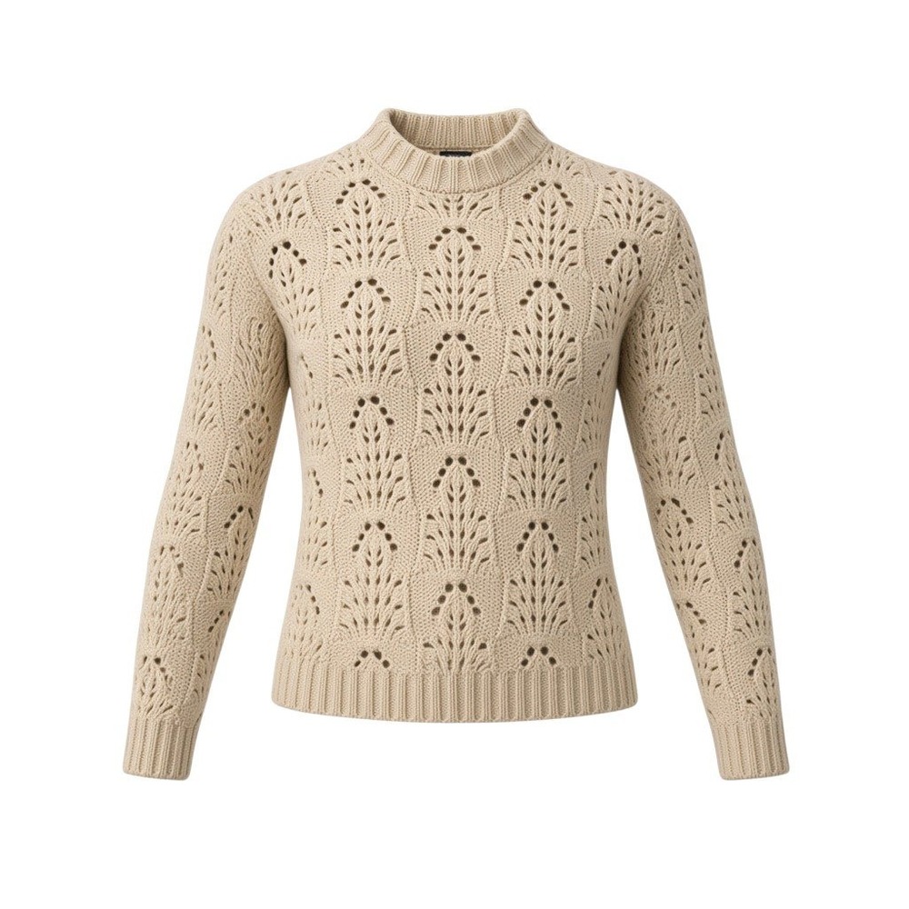 Aerie Pointelle Knit Bobble Sweater Cream Beige Crew Neck Size M 144189468